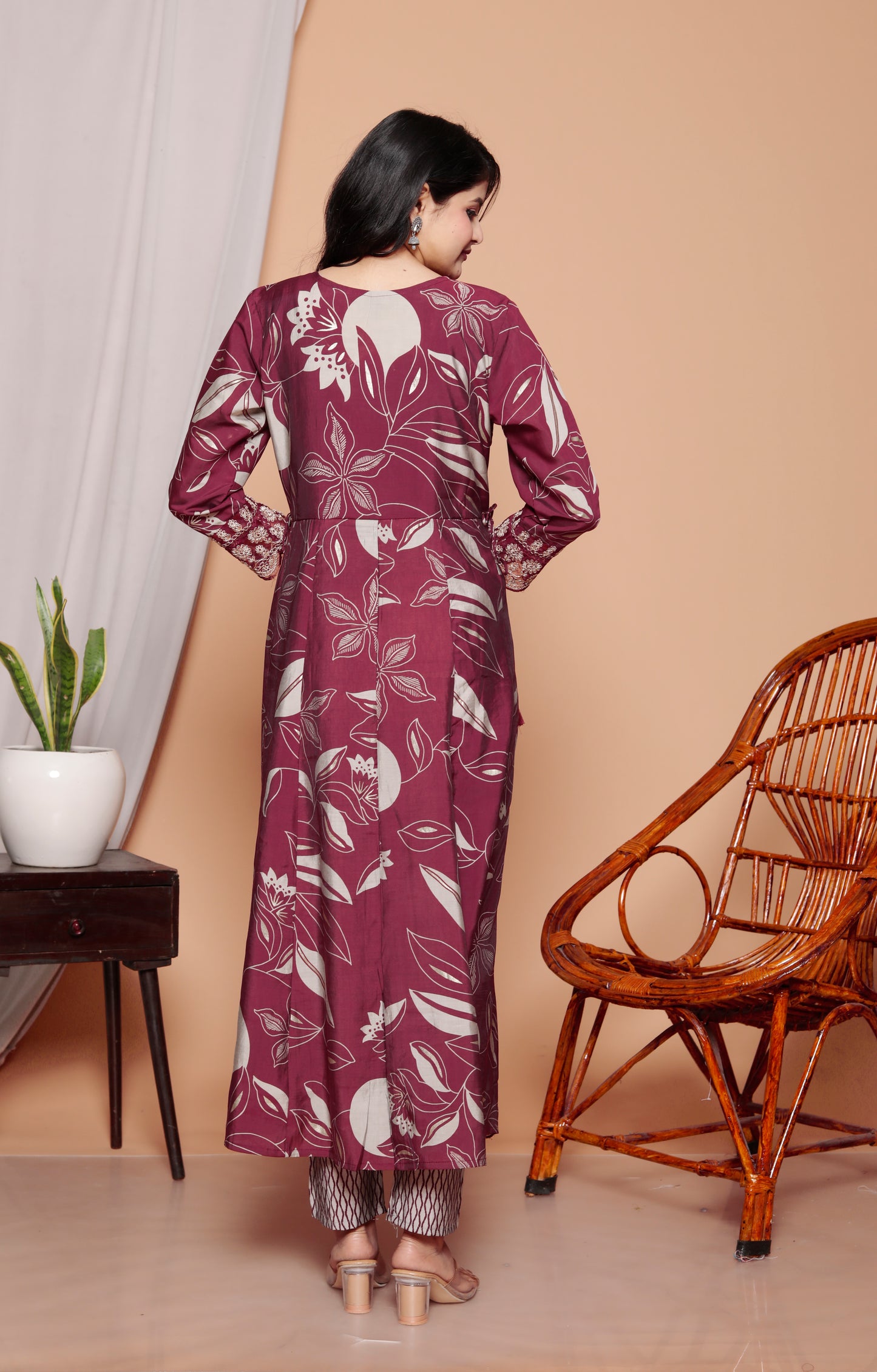 Gulab Bagh Wine Printed Anarkali Kurti Set (3-Piece)