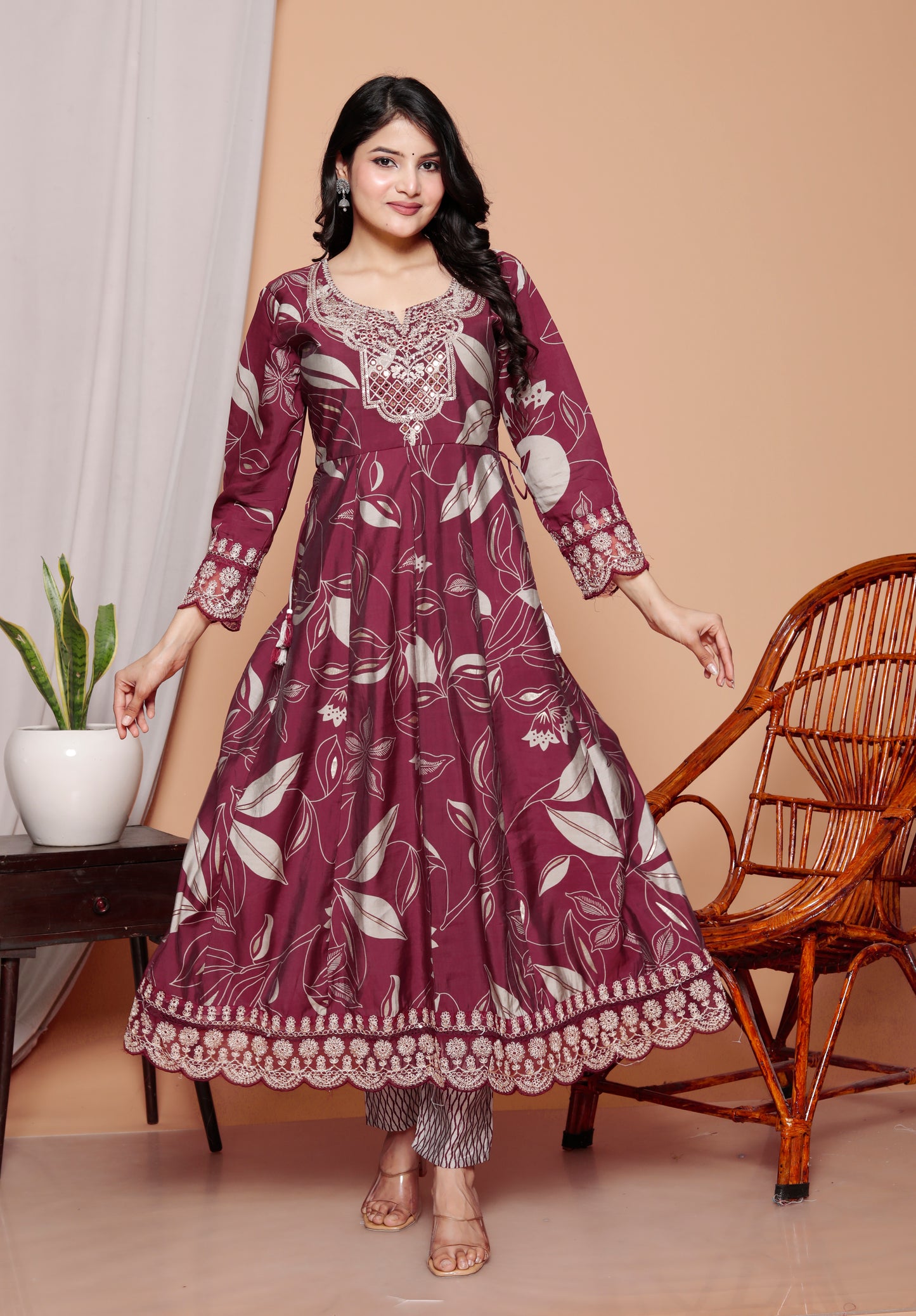Gulab Bagh Wine Printed Anarkali Kurti Set (3-Piece)