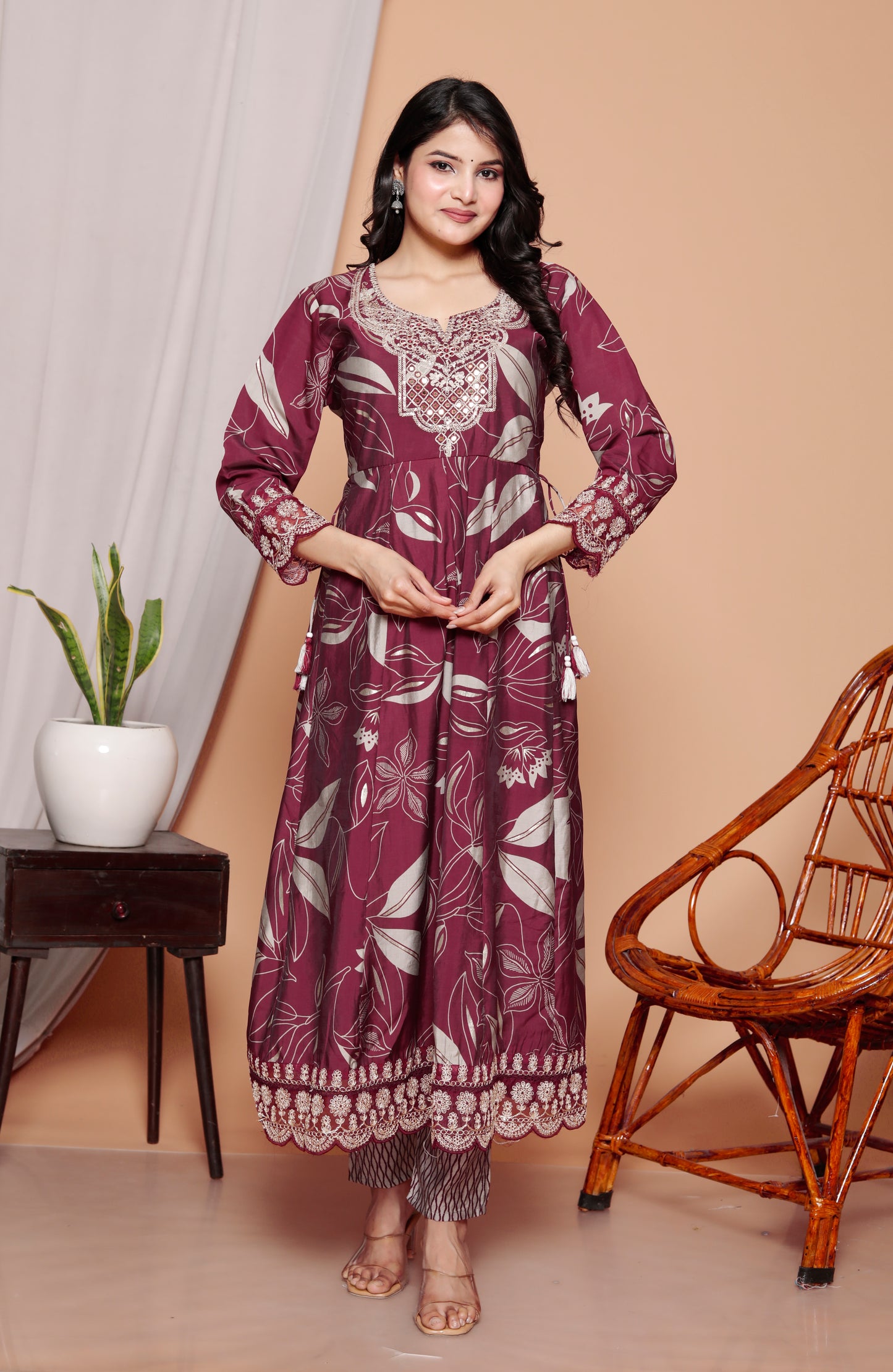 Gulab Bagh Wine Printed Anarkali Kurti Set (3-Piece)