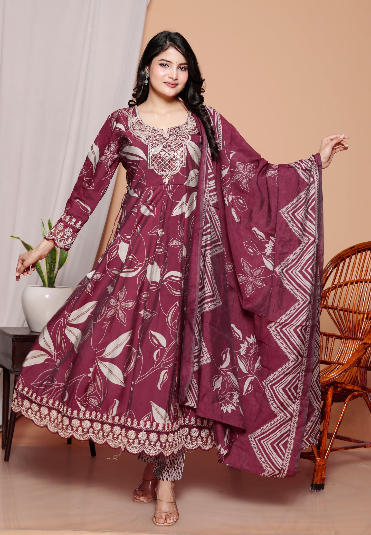 Gulab Bagh Wine Printed Anarkali Kurti Set (3-Piece)