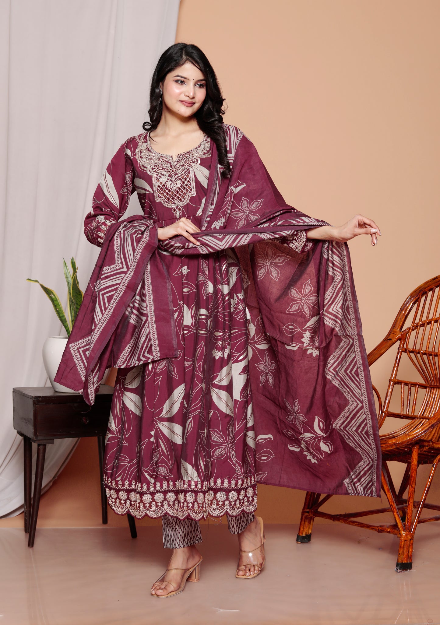 Gulab Bagh Wine Printed Anarkali Kurti Set (3-Piece)