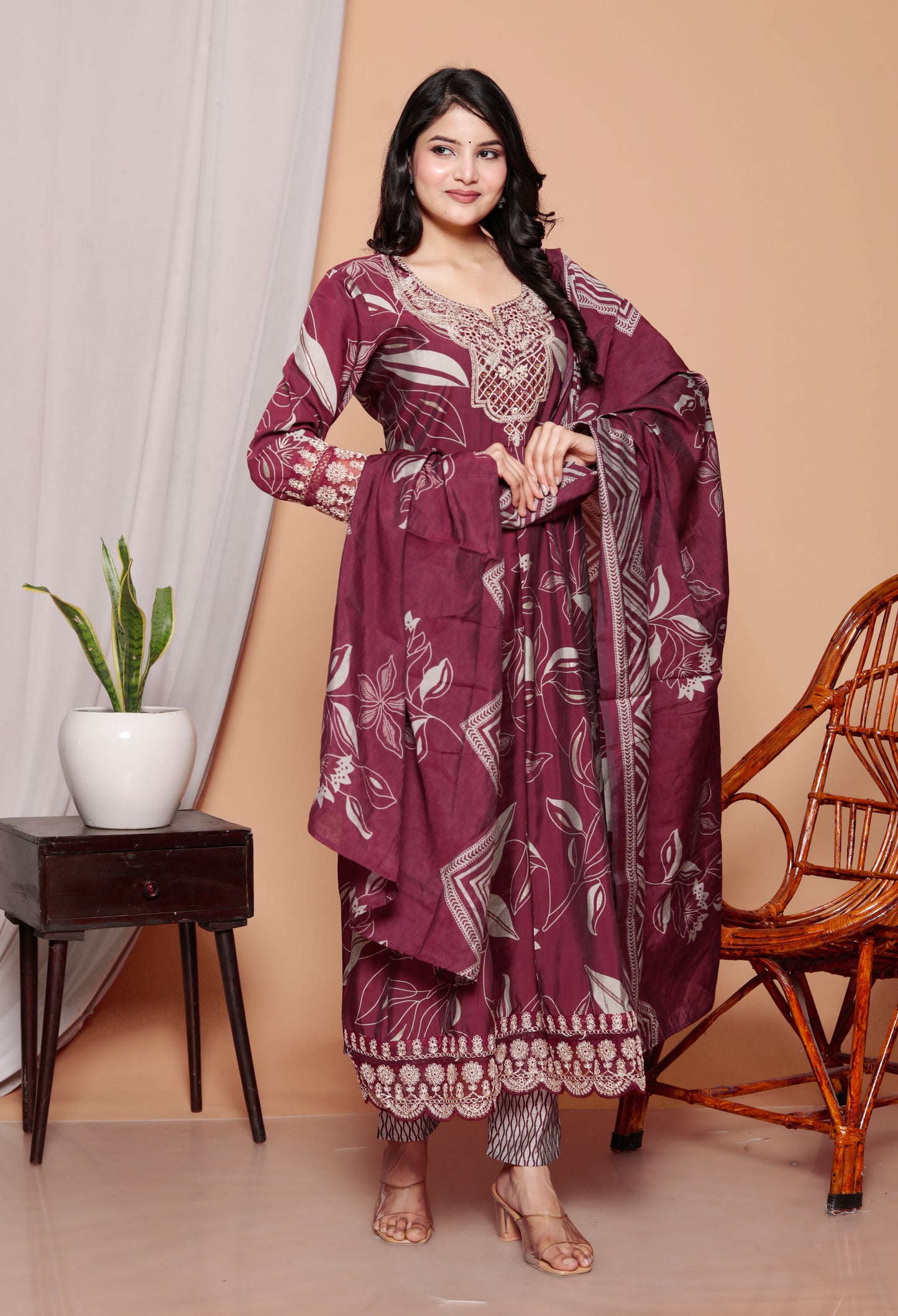 Gulab Bagh Wine Printed Anarkali Kurti Set (3-Piece)