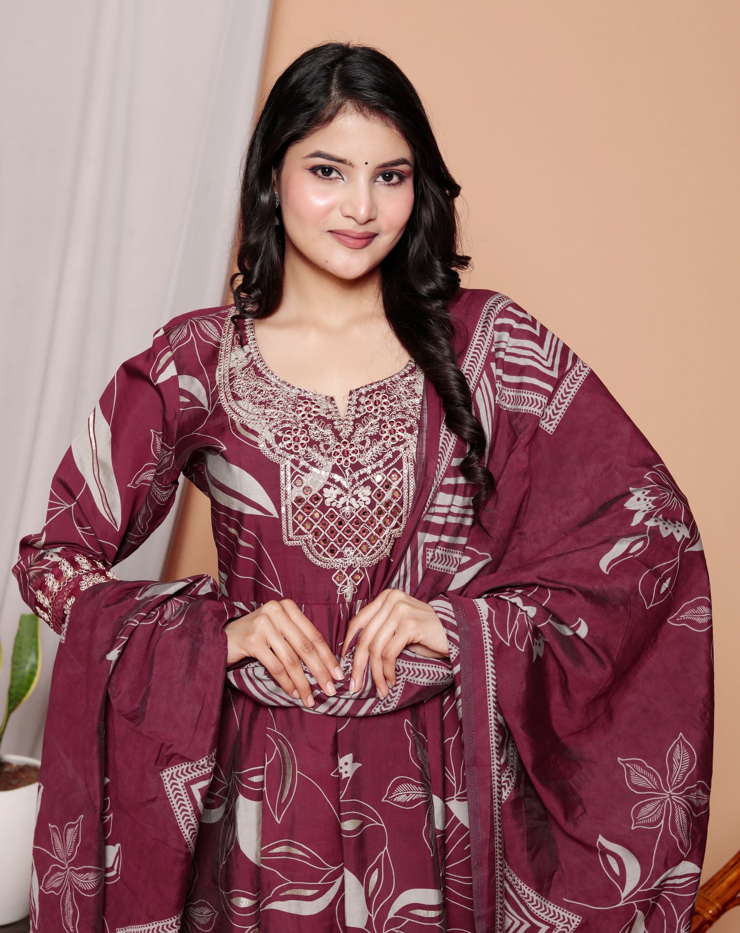 Gulab Bagh Wine Printed Anarkali Kurti Set (3-Piece)