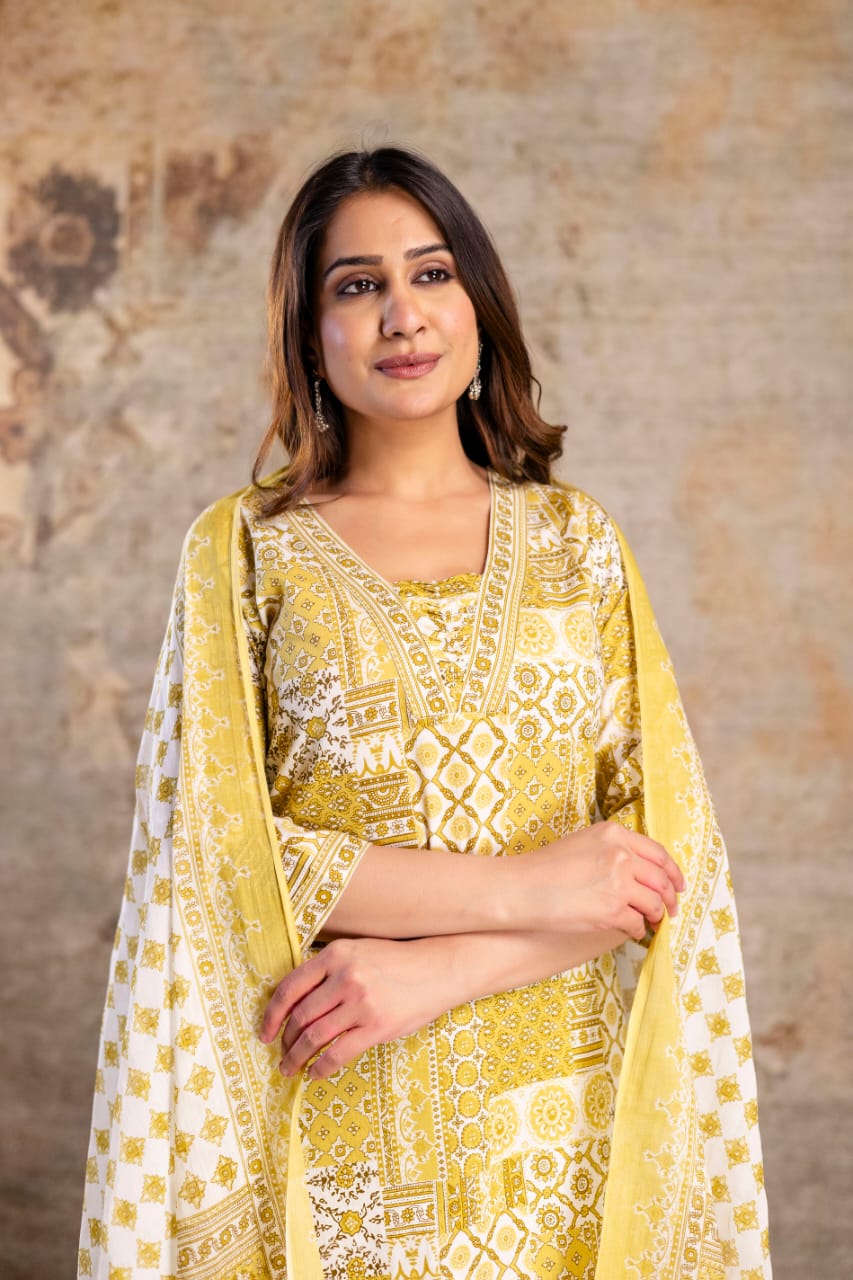 Elegant Yellow Jaipuri Print 3-Piece Cotton Kurti Set