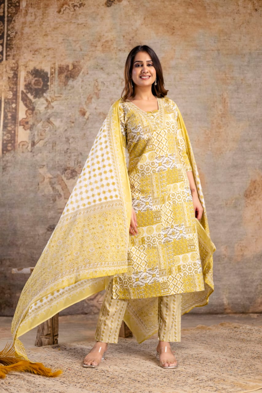 Elegant Yellow Jaipuri Print 3-Piece Cotton Kurti Set