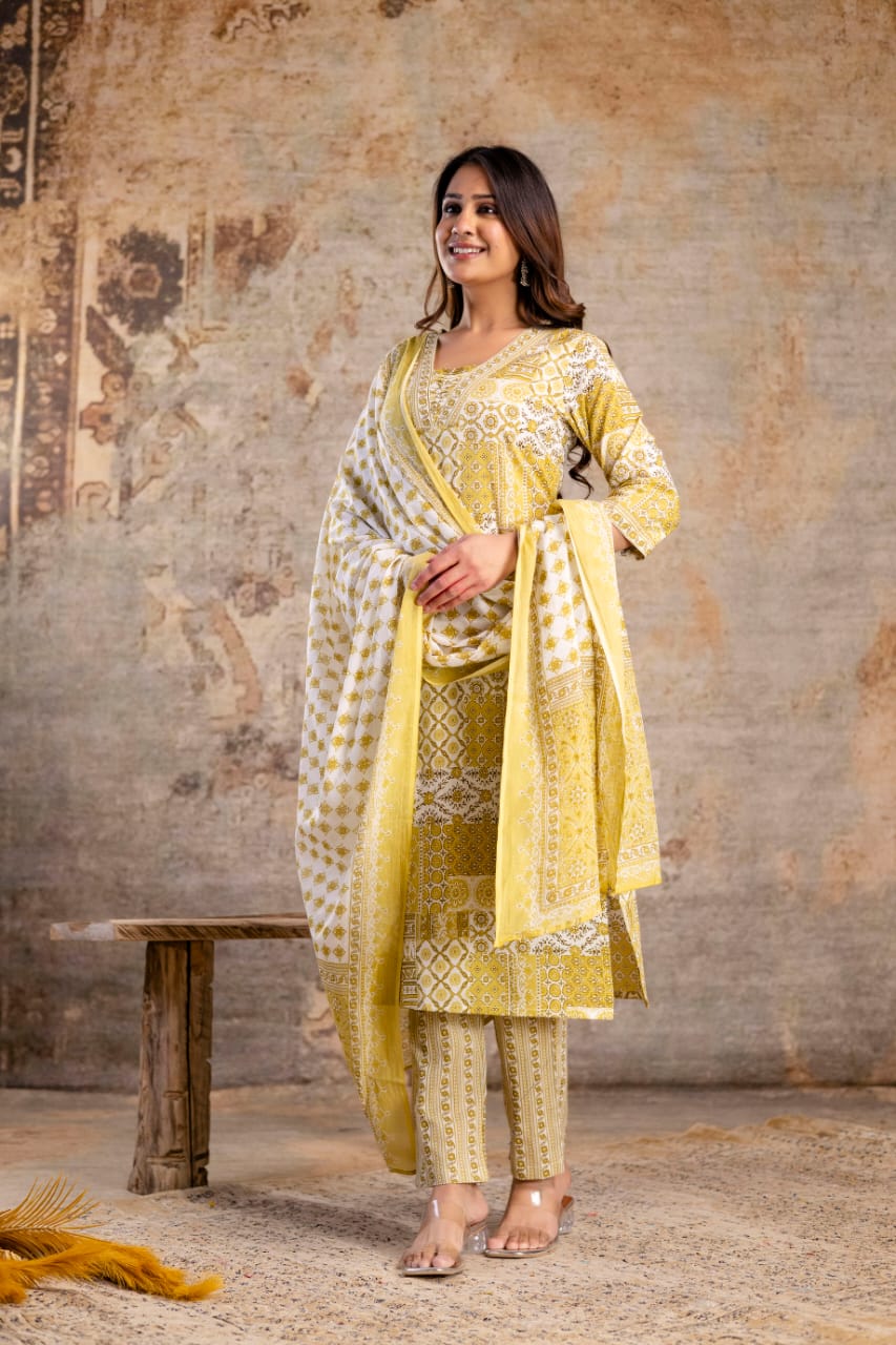 Elegant Yellow Jaipuri Print 3-Piece Cotton Kurti Set