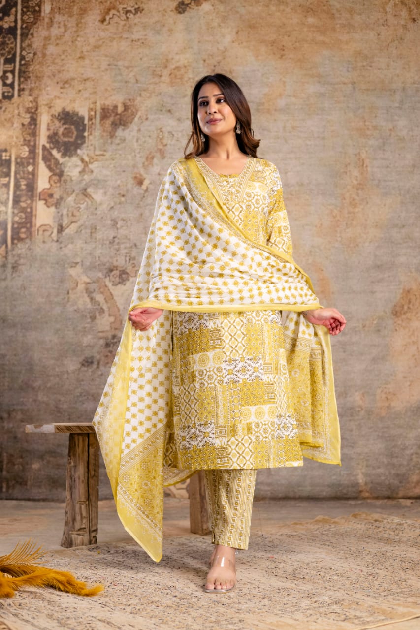 Elegant Yellow Jaipuri Print 3-Piece Cotton Kurti Set