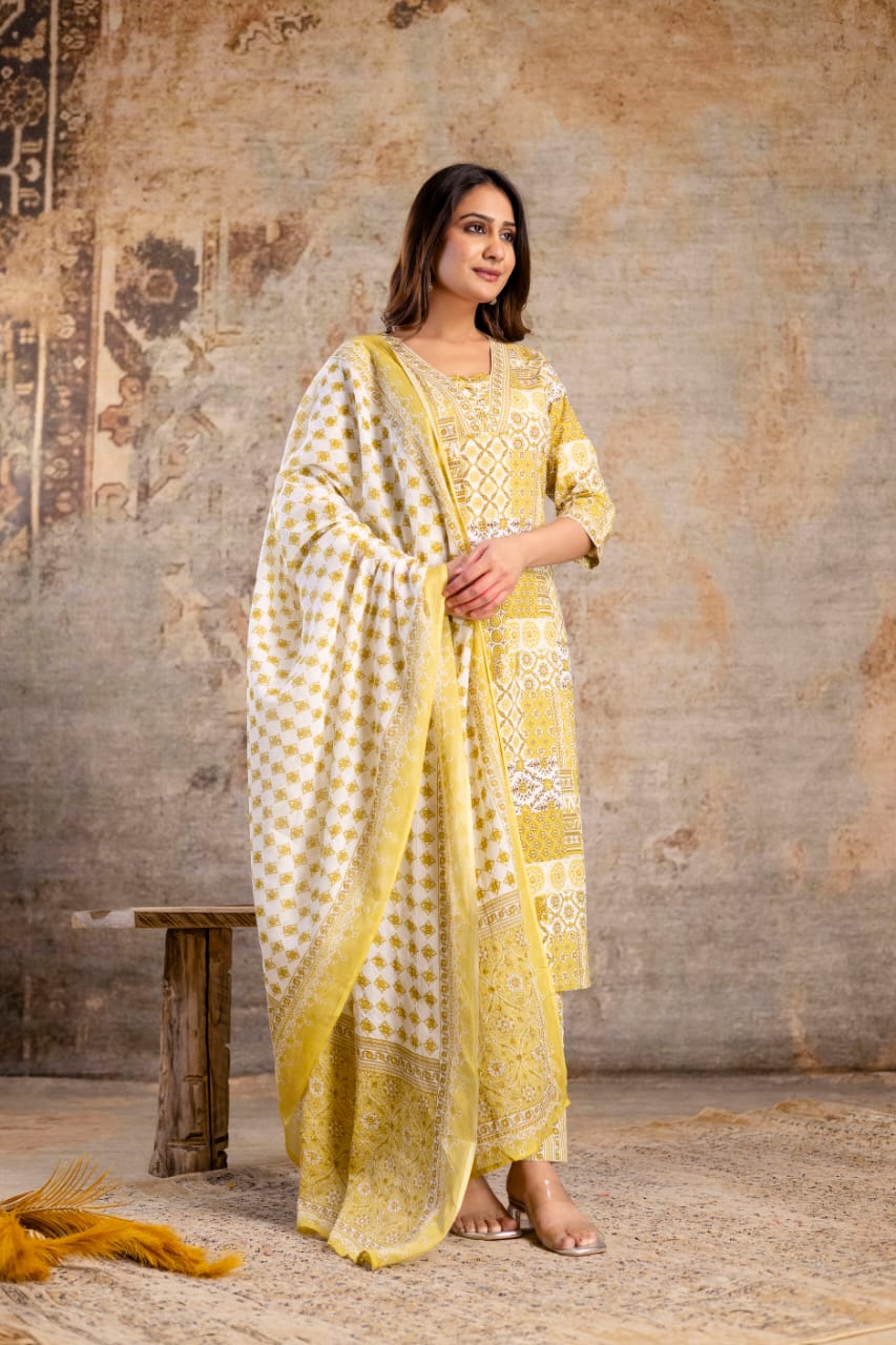Elegant Yellow Jaipuri Print 3-Piece Cotton Kurti Set