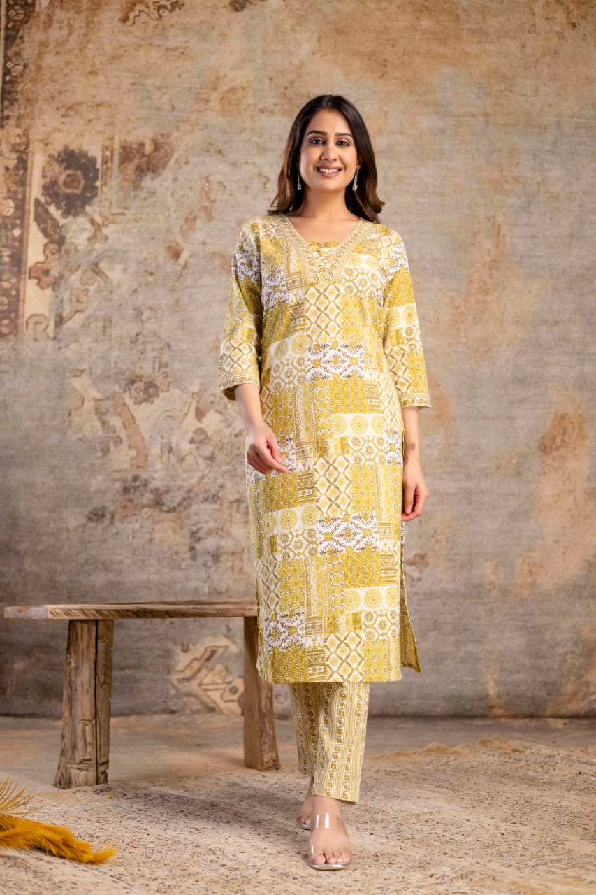 Elegant Yellow Jaipuri Print 3-Piece Cotton Kurti Set