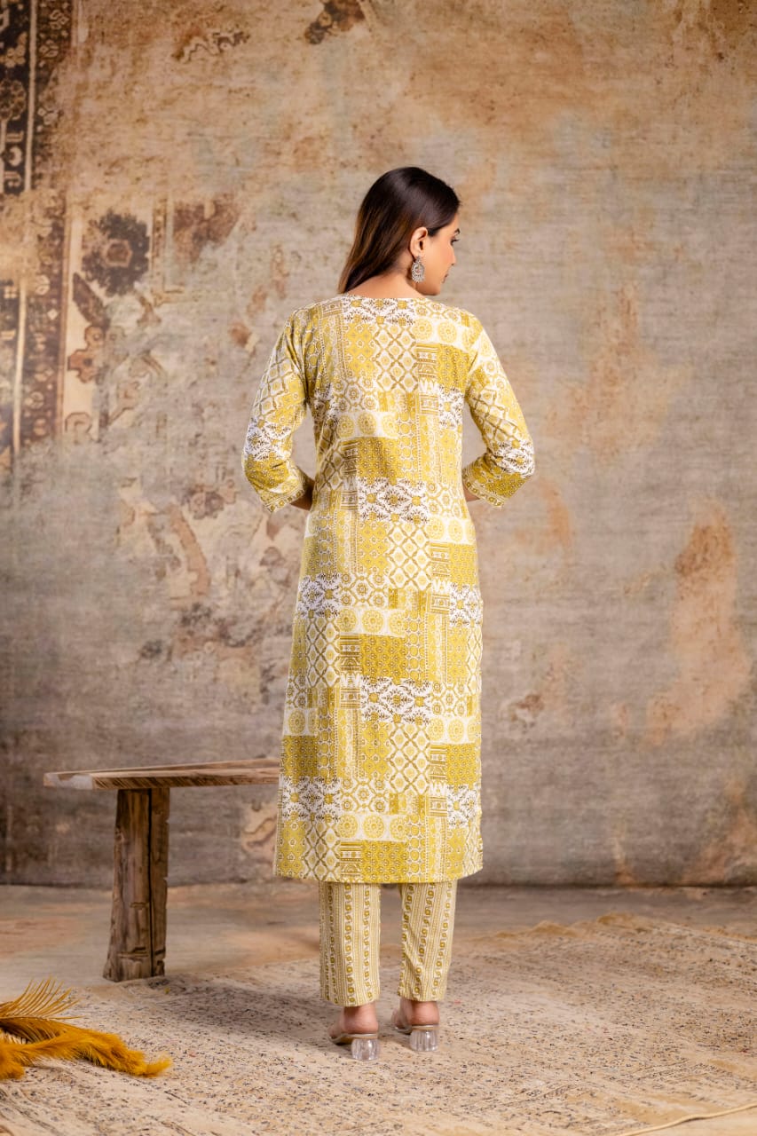 Elegant Yellow Jaipuri Print 3-Piece Cotton Kurti Set