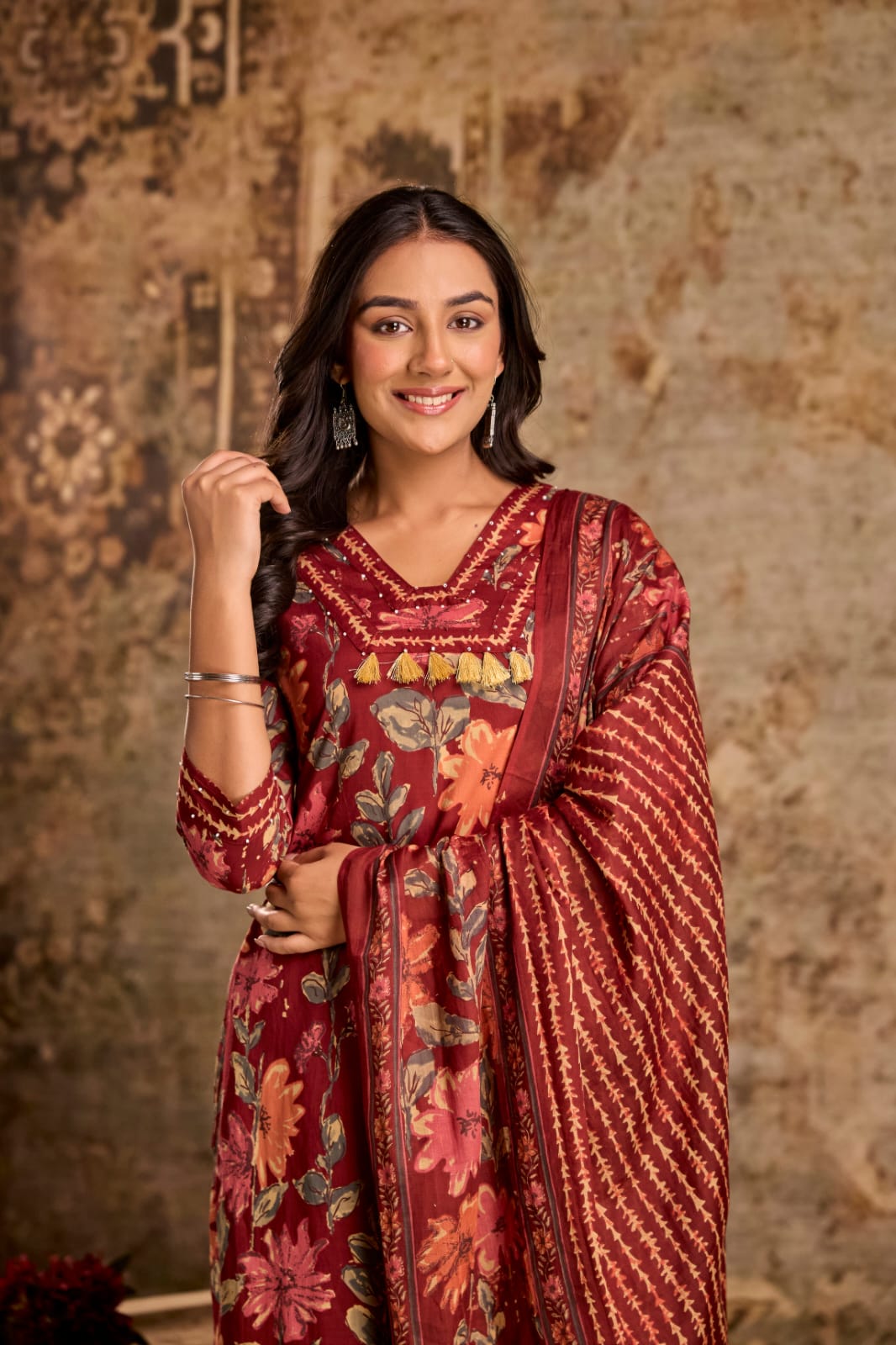 Maroon Blossom 3-Piece Jaipuri Cotton Kurti Set