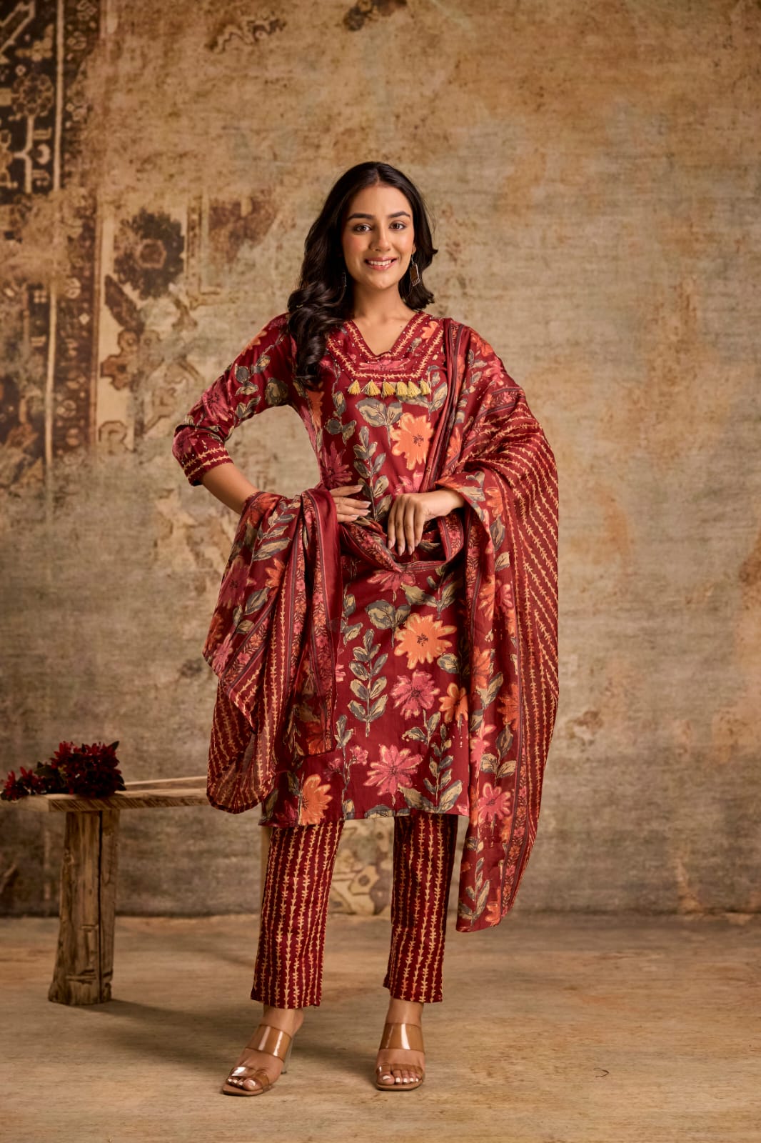Maroon Blossom 3-Piece Jaipuri Cotton Kurti Set