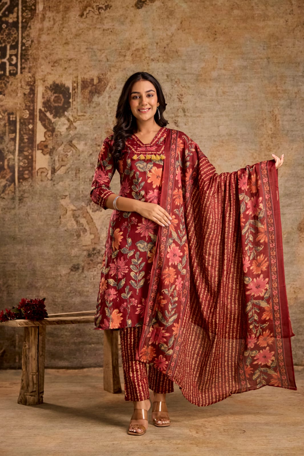 Maroon Blossom 3-Piece Jaipuri Cotton Kurti Set