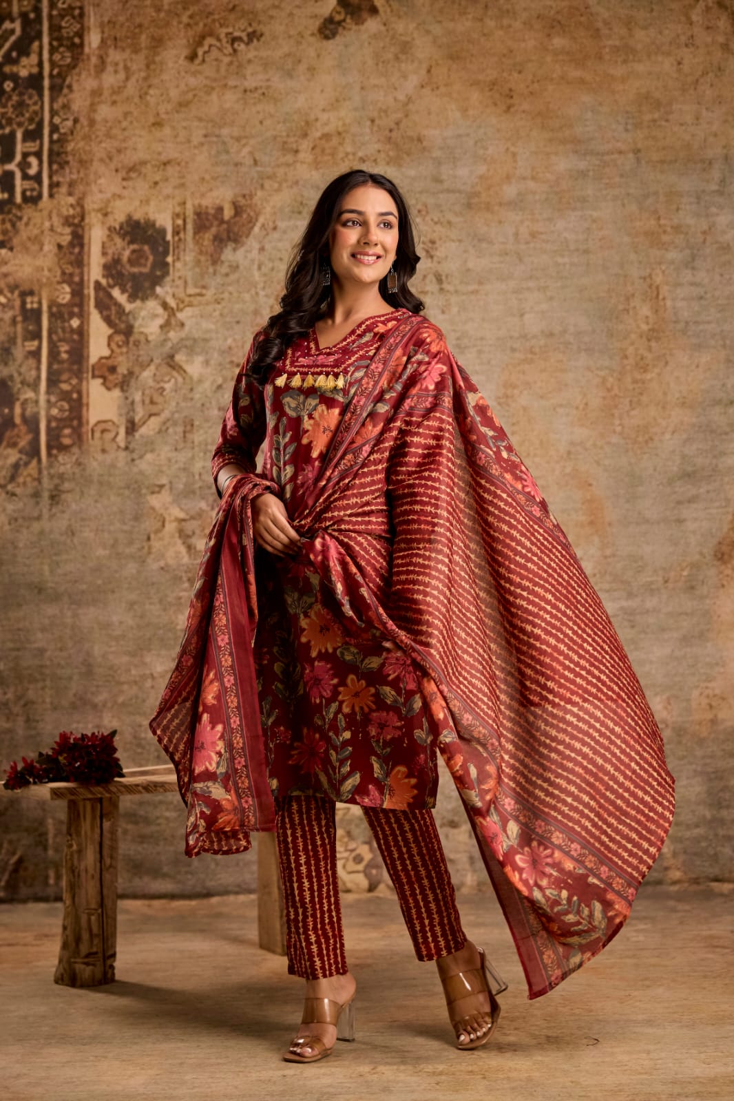 Maroon Blossom 3-Piece Jaipuri Cotton Kurti Set