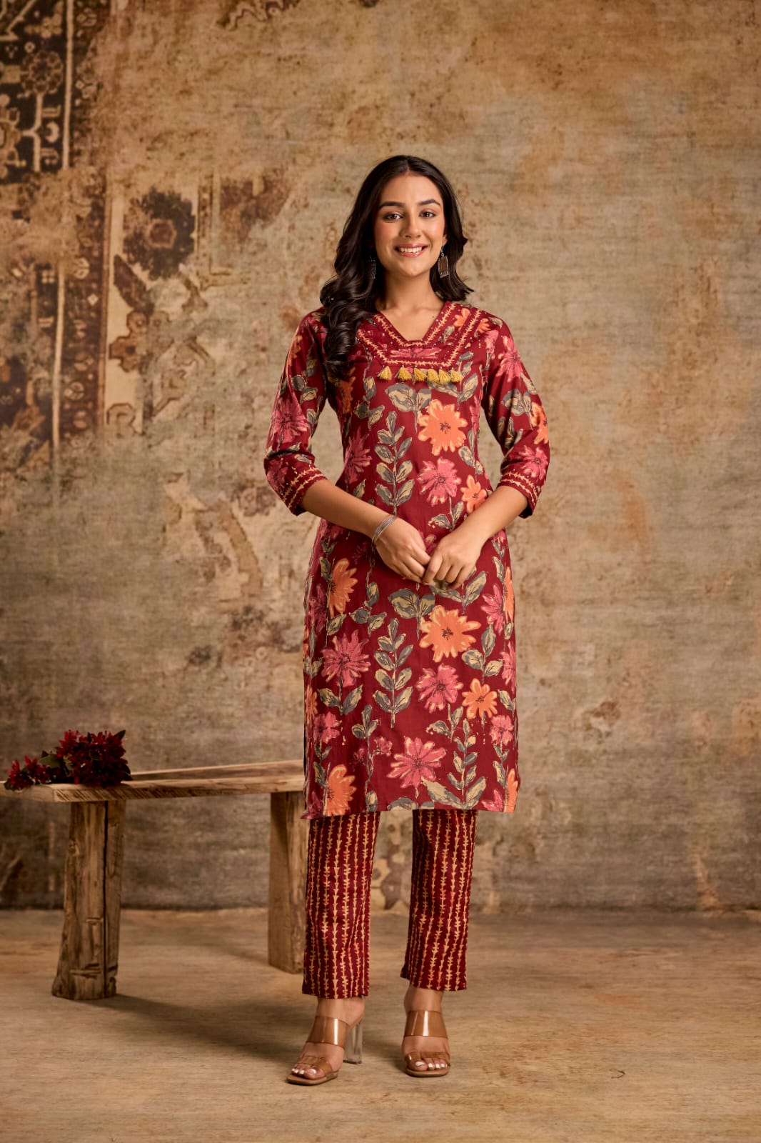 Maroon Blossom 3-Piece Jaipuri Cotton Kurti Set