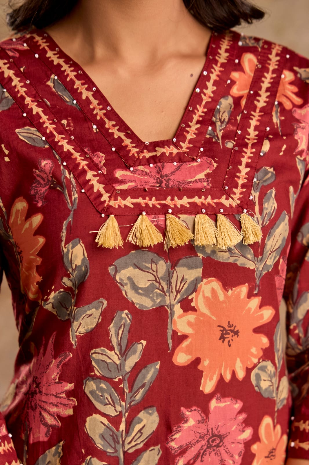 Maroon Blossom 3-Piece Jaipuri Cotton Kurti Set