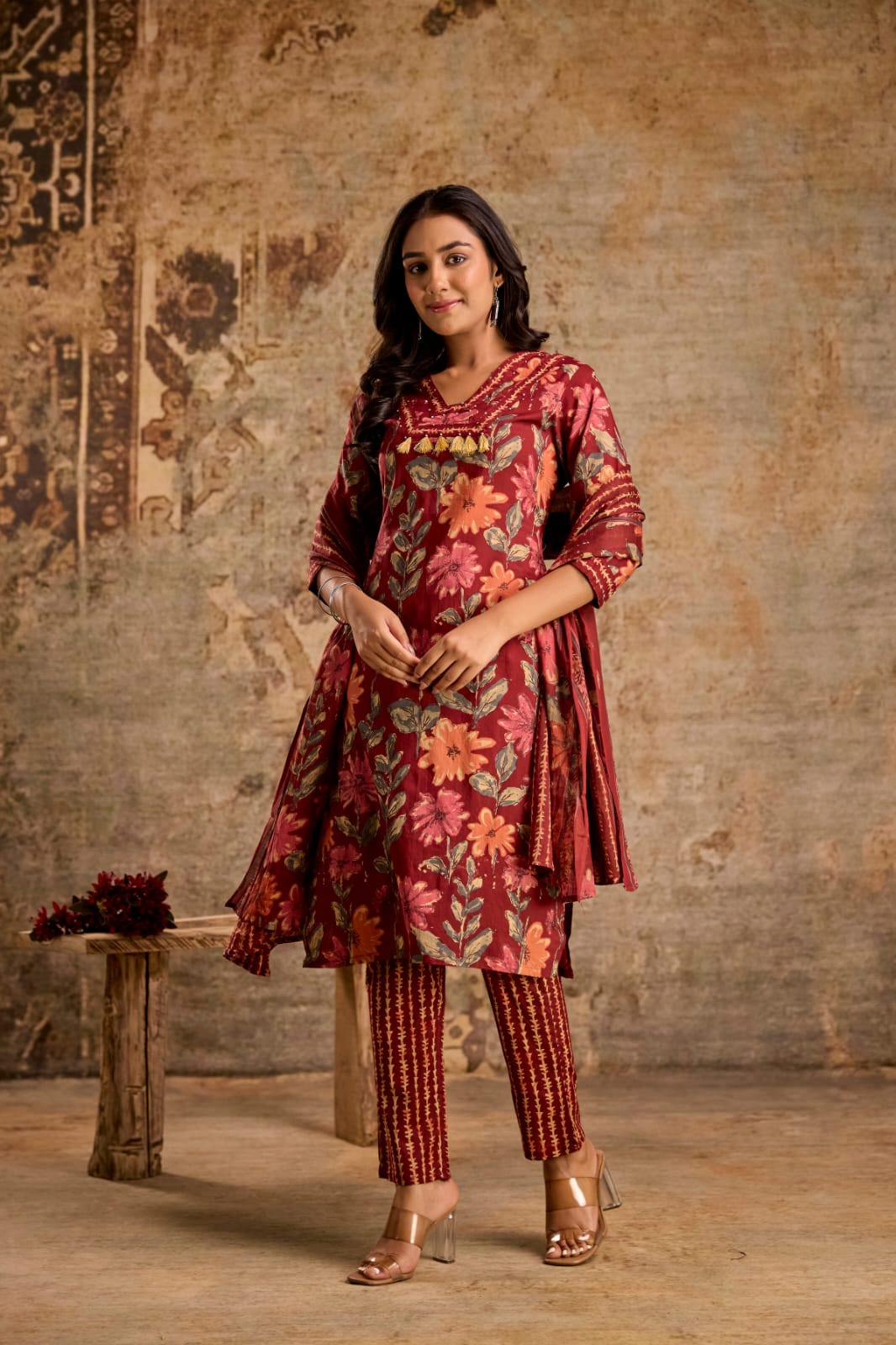 Maroon Blossom 3-Piece Jaipuri Cotton Kurti Set