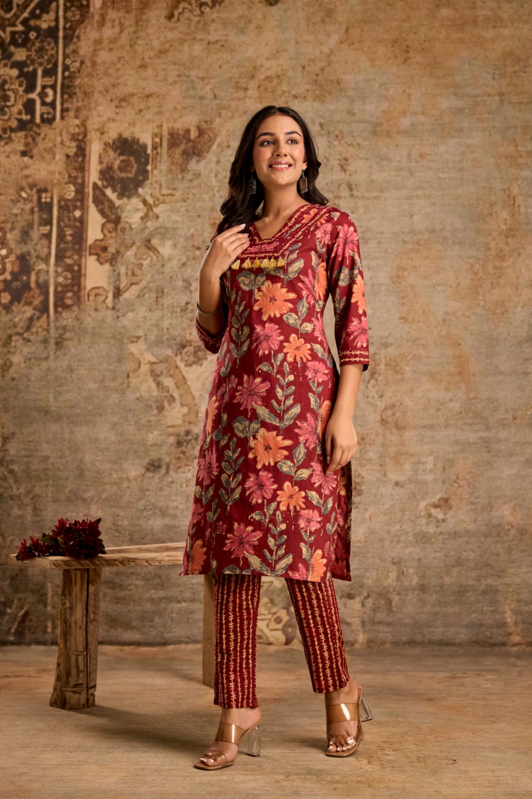 Maroon Blossom 3-Piece Jaipuri Cotton Kurti Set