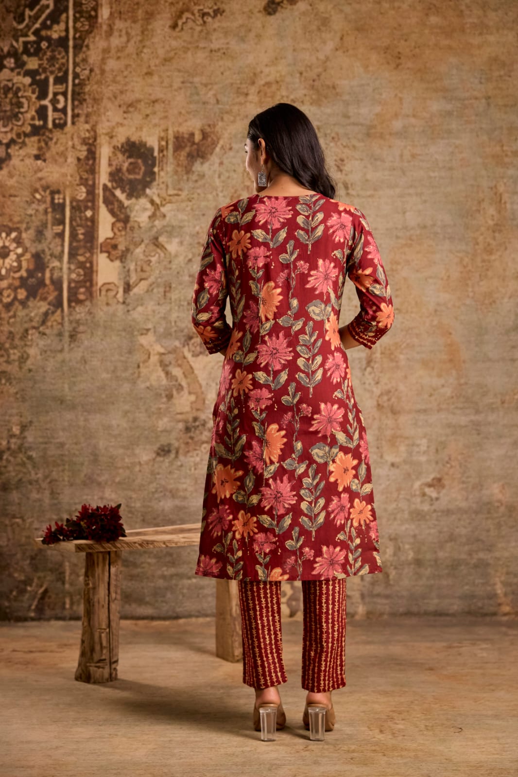 Maroon Blossom 3-Piece Jaipuri Cotton Kurti Set