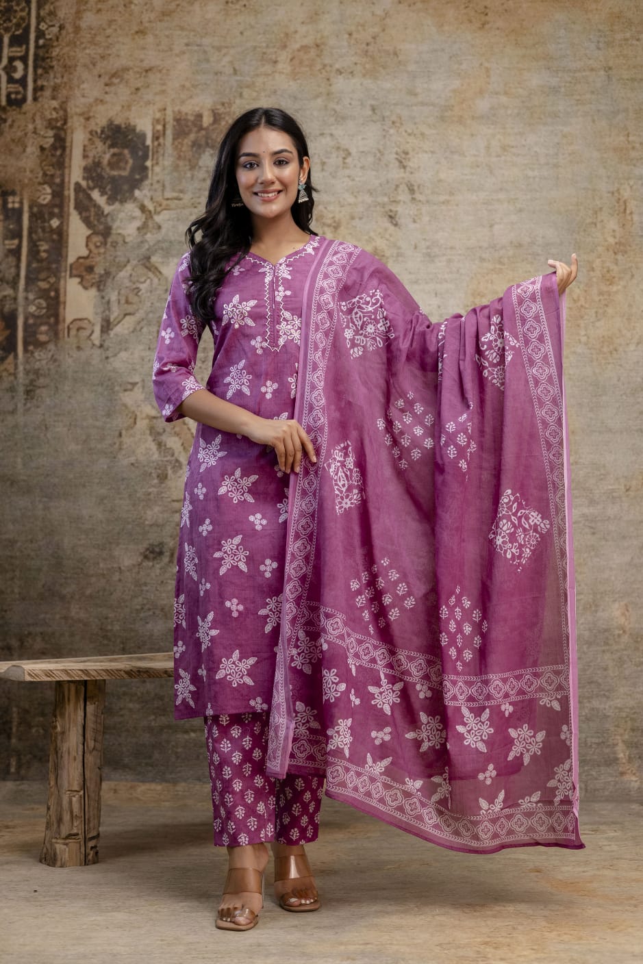 Royal Mauve Jaipuri Cotton Kurti Set (3-Piece)