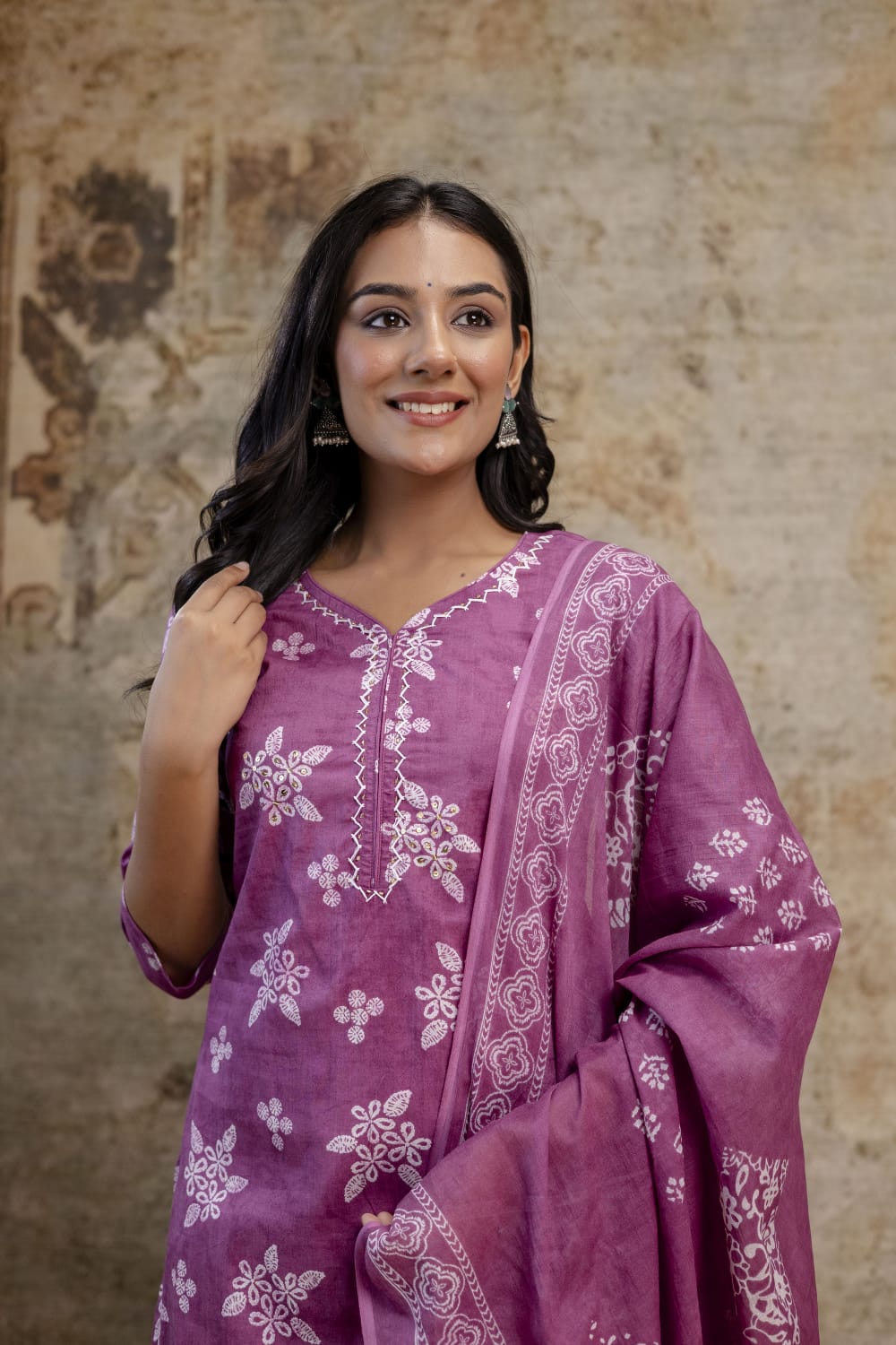 Royal Mauve Jaipuri Cotton Kurti Set (3-Piece)